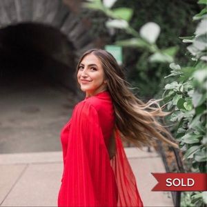 SOLD ————————-Red Pleated Cape Sleeve Formal Dress